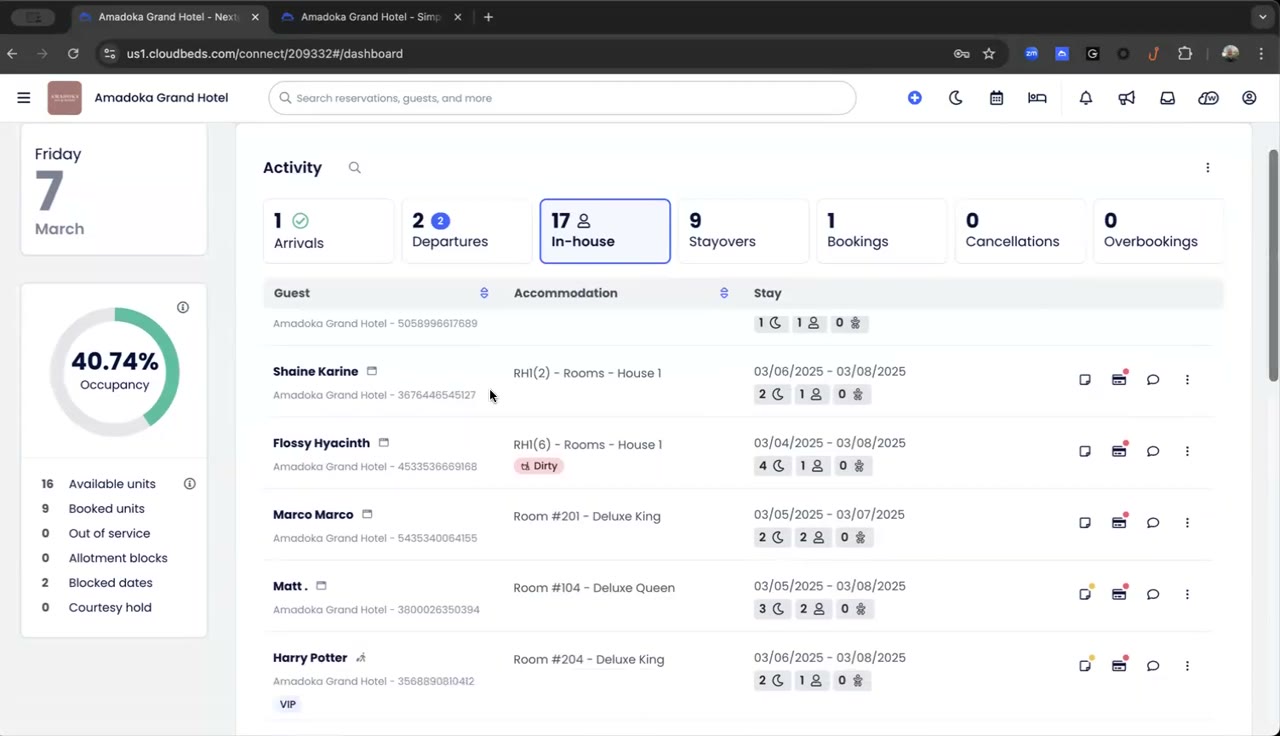 Screen recording: opening a reservation from the Nebula-era Cloudbeds dashboard and moving through to the guest folio