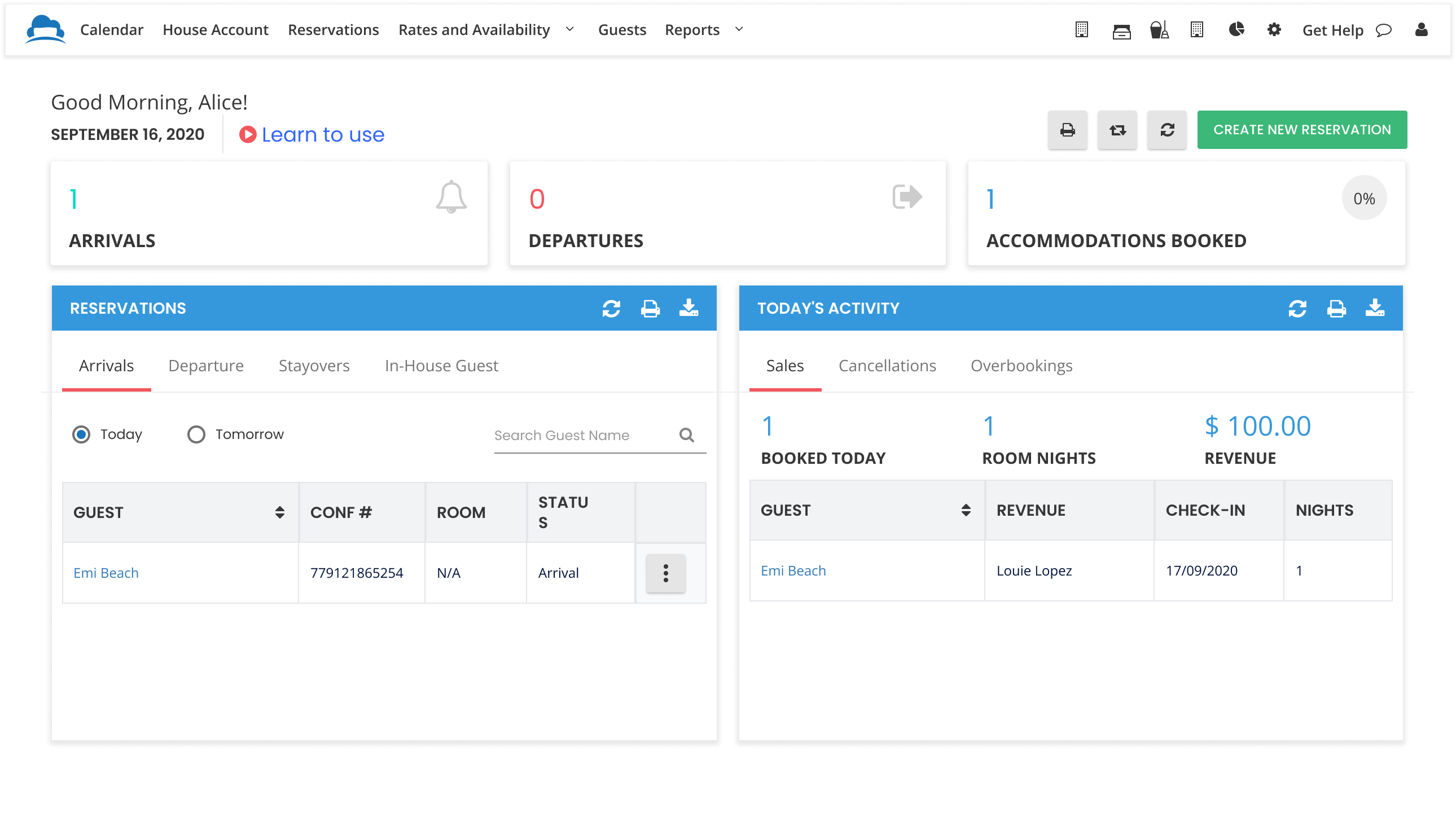The pre-Nebula Cloudbeds front-desk dashboard, 2020 — dense tables and stat tiles in an older UI