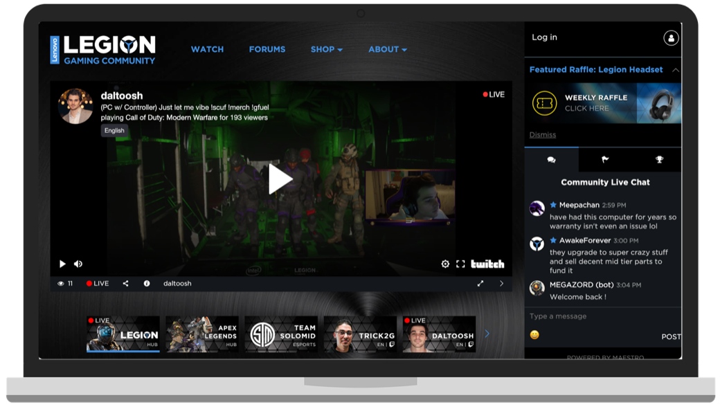 The Legion Gaming Community platform — a live Twitch stream, community chat, and featured raffle